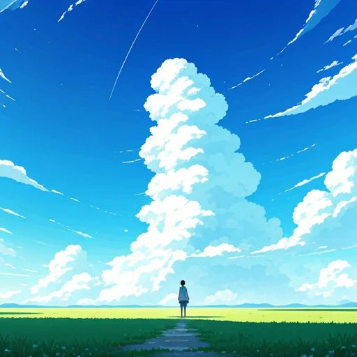 辽阔晴空下仰望白云的人物，开阔而明亮的动画风景。