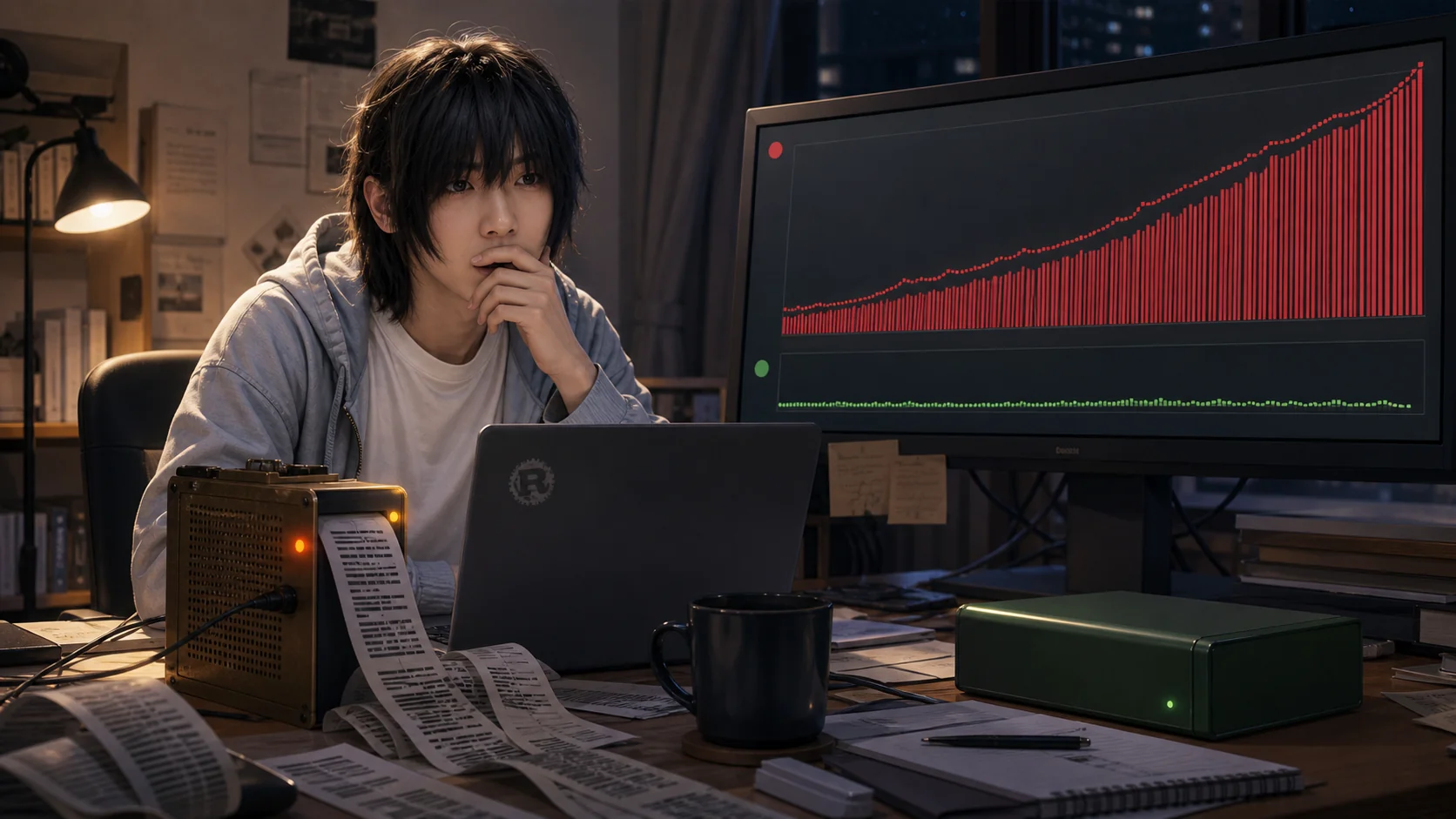 深夜桌面上的压测终端，开发者盯着请求延迟数据发呆。